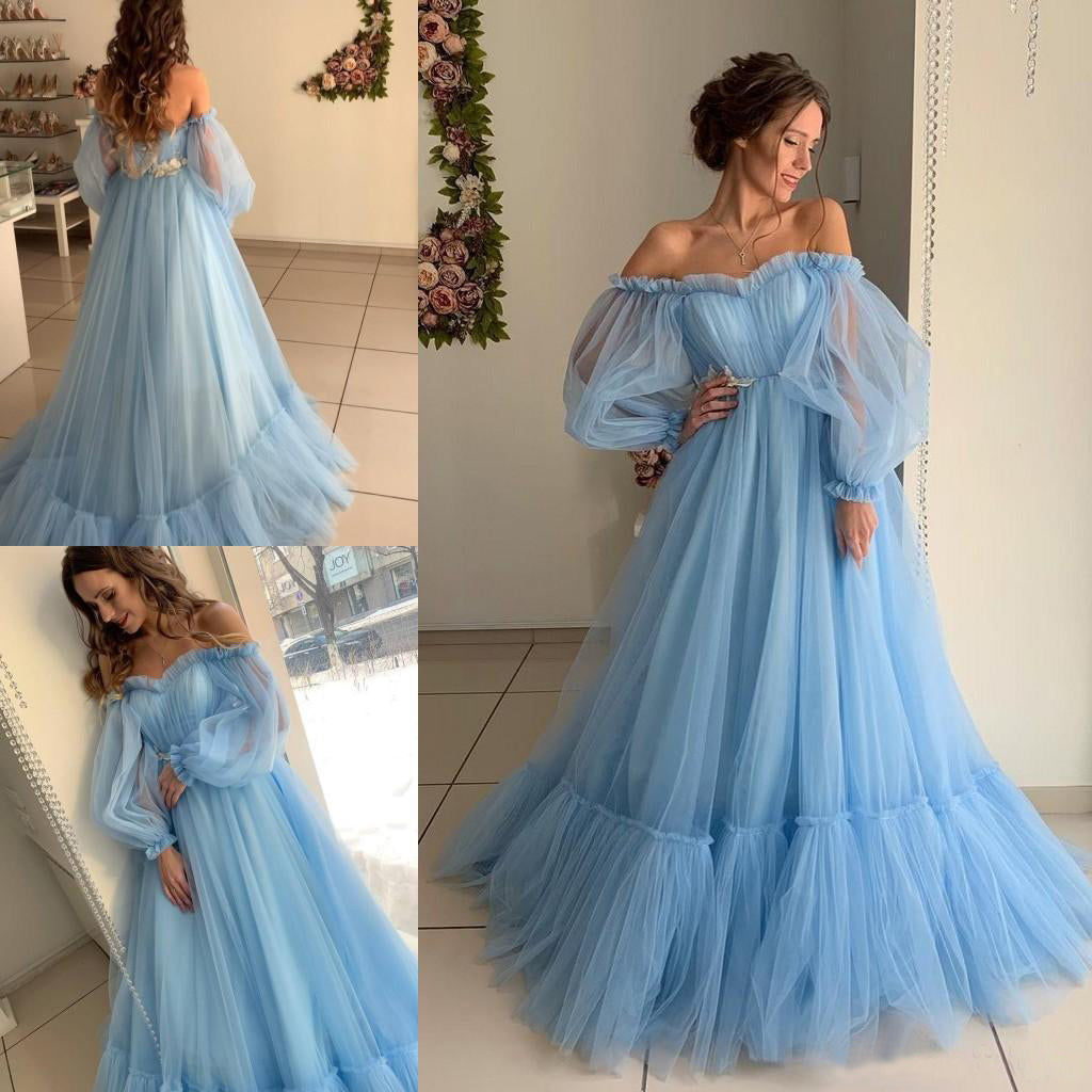 Quinceanera Dress A-line Sky Blue Bohemian Tulle Beach Summer Prom Dress