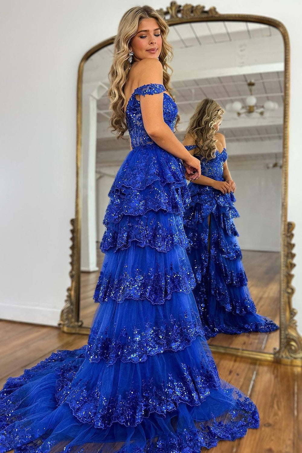 Capri | A-Line Lace Off-the-Shoulder Tiered Long Prom Dress with Slit