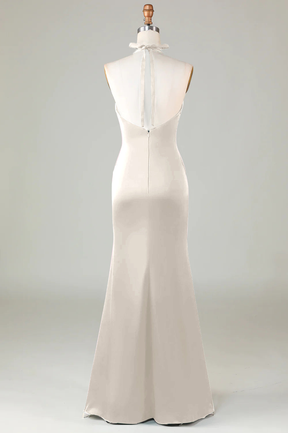 Dusty Sage Satin Sheath Halter Long Bridesmaid Dress