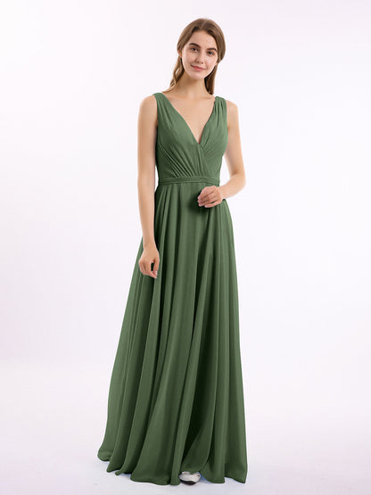 V Neckline Chiffon Bridesmaid Dresses Olive Green