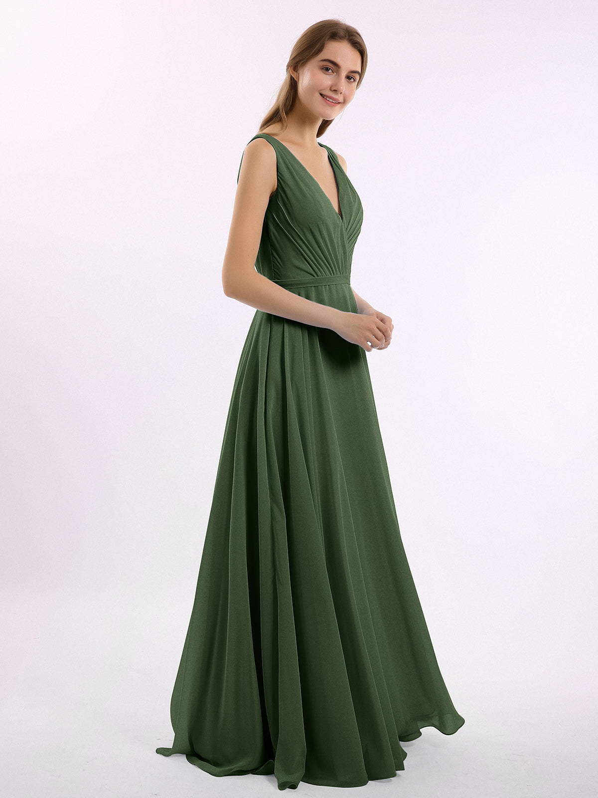 V Neckline Chiffon Bridesmaid Dresses Olive Green
