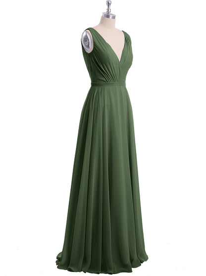 V Neckline Chiffon Bridesmaid Dresses Olive Green