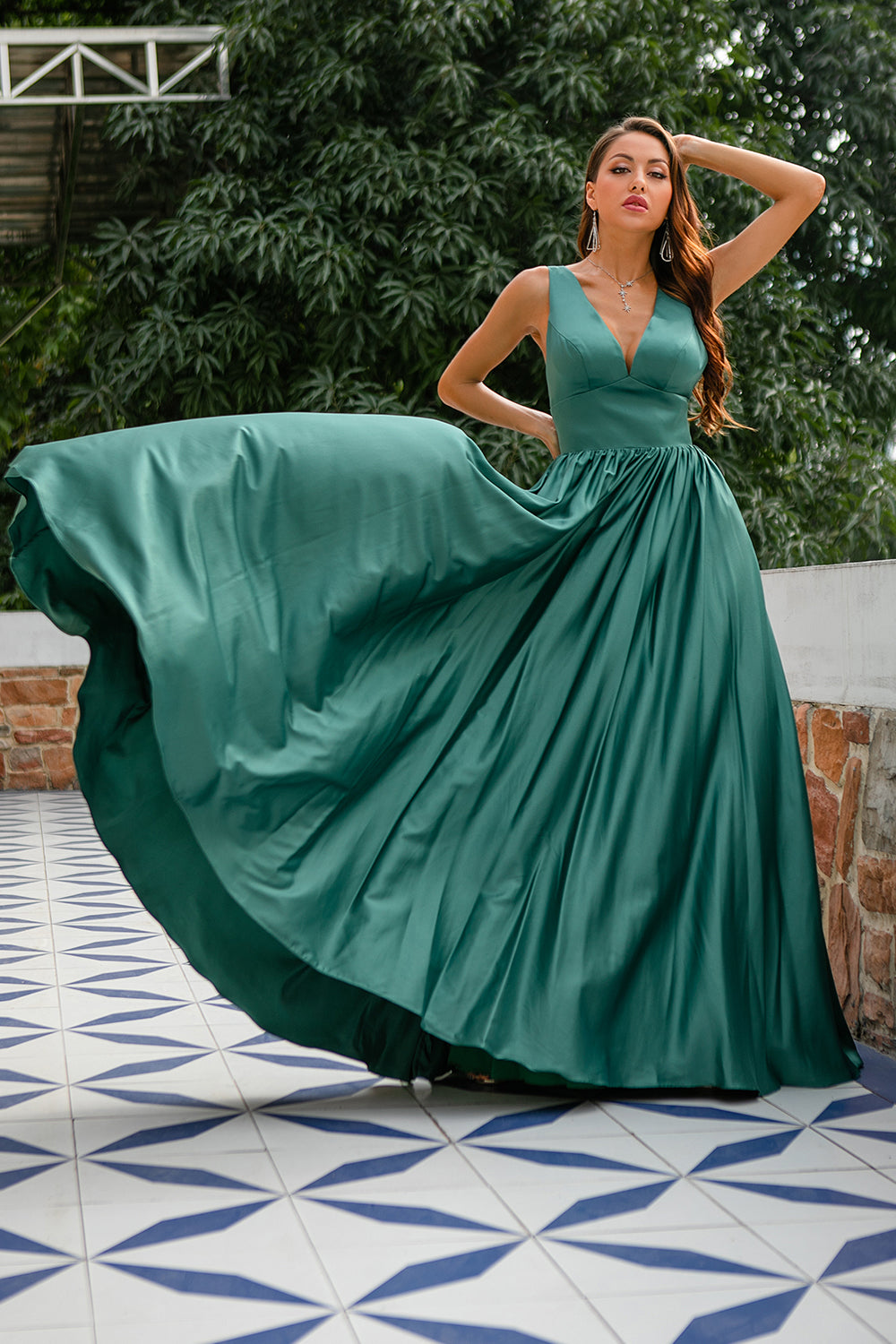 Green Deep V Neck Long Bridesmaid Dress