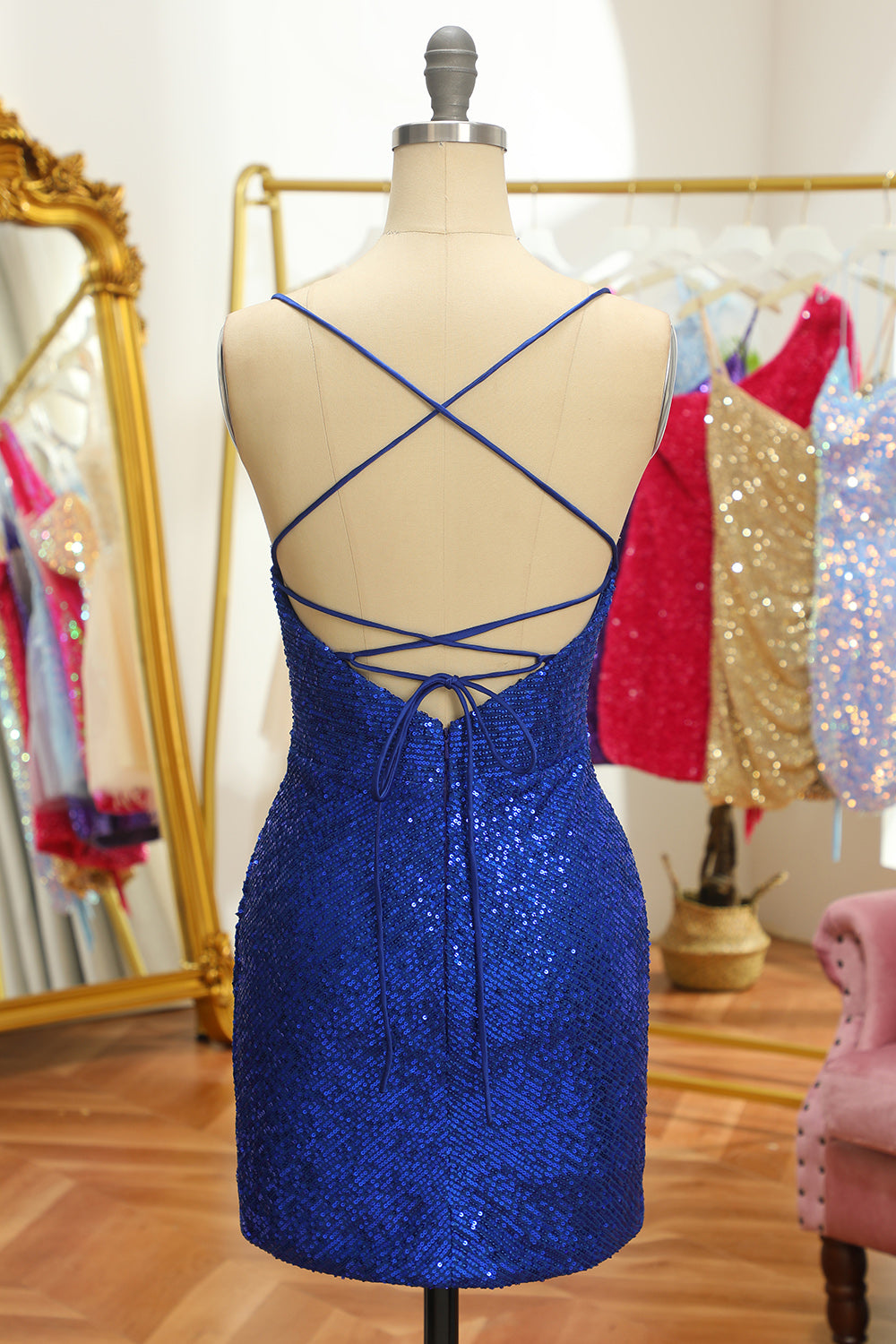 Blue Sequins Tight Backless Short Homecoming Dress