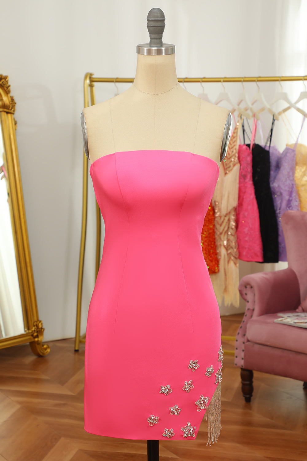 Pink Tight Homecoming Dress with Star and Fringes