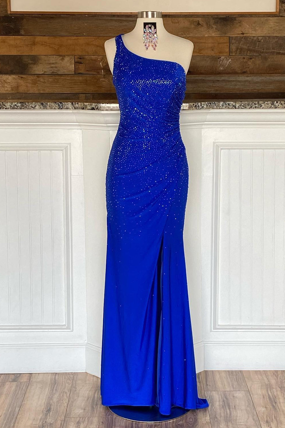 Celine |Mermaid One Shoulder Beaded Jersey Prom Dress with Slit