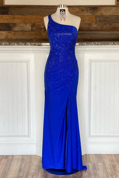 Celine |Mermaid One Shoulder Beaded Jersey Prom Dress with Slit