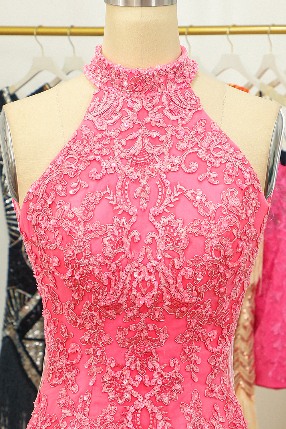 Pink Open Back Halter Lace Tight Homecoming Dress