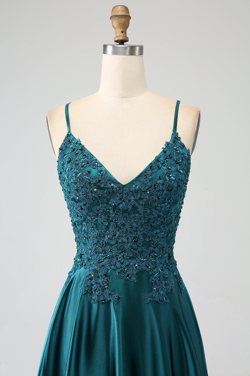 Peacock Green A-Line Spaghetti Straps Long Prom Dress with Slit