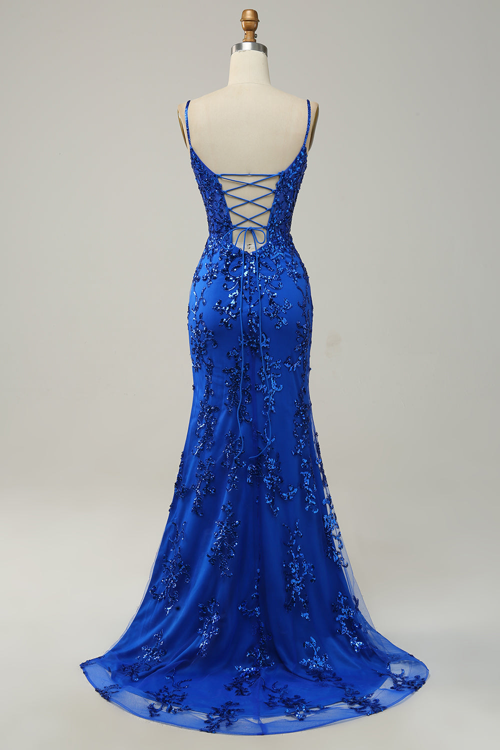 Mermaid Spaghetti Straps Royal Blue Sequins Long Prom Dress with Split Front