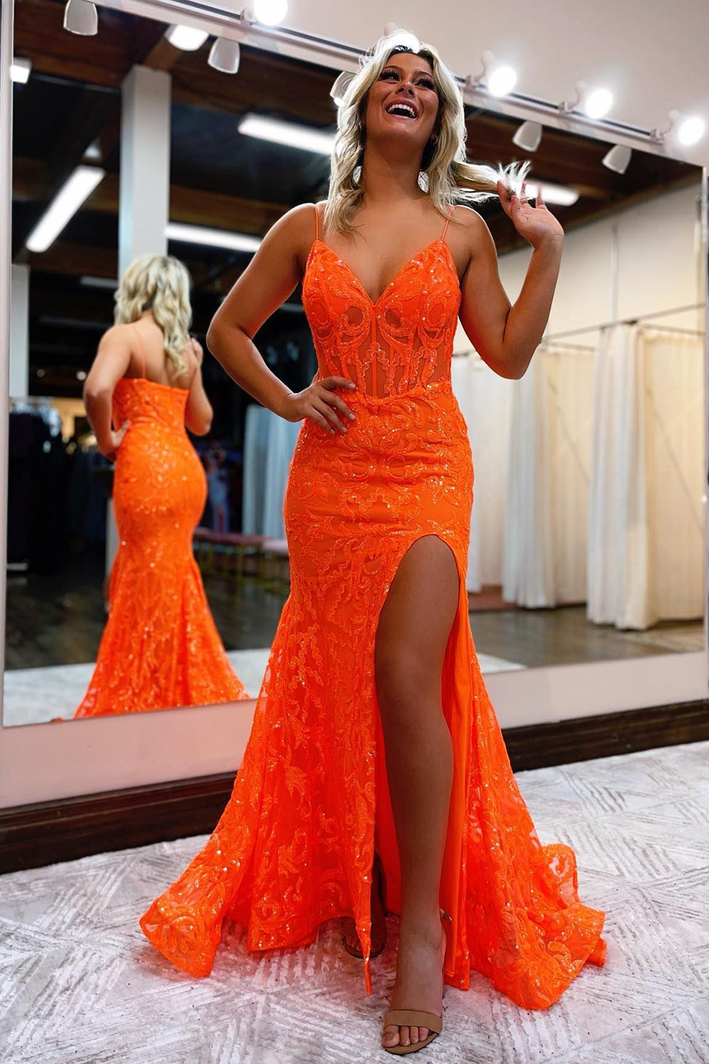 Lakelynn |Mermaid Spaghetti Straps Sequined Lace Prom Dress