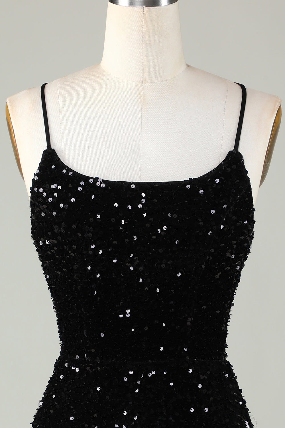 Black Spaghetti Straps Sequin Homecoming Dress With Criss Cross Back