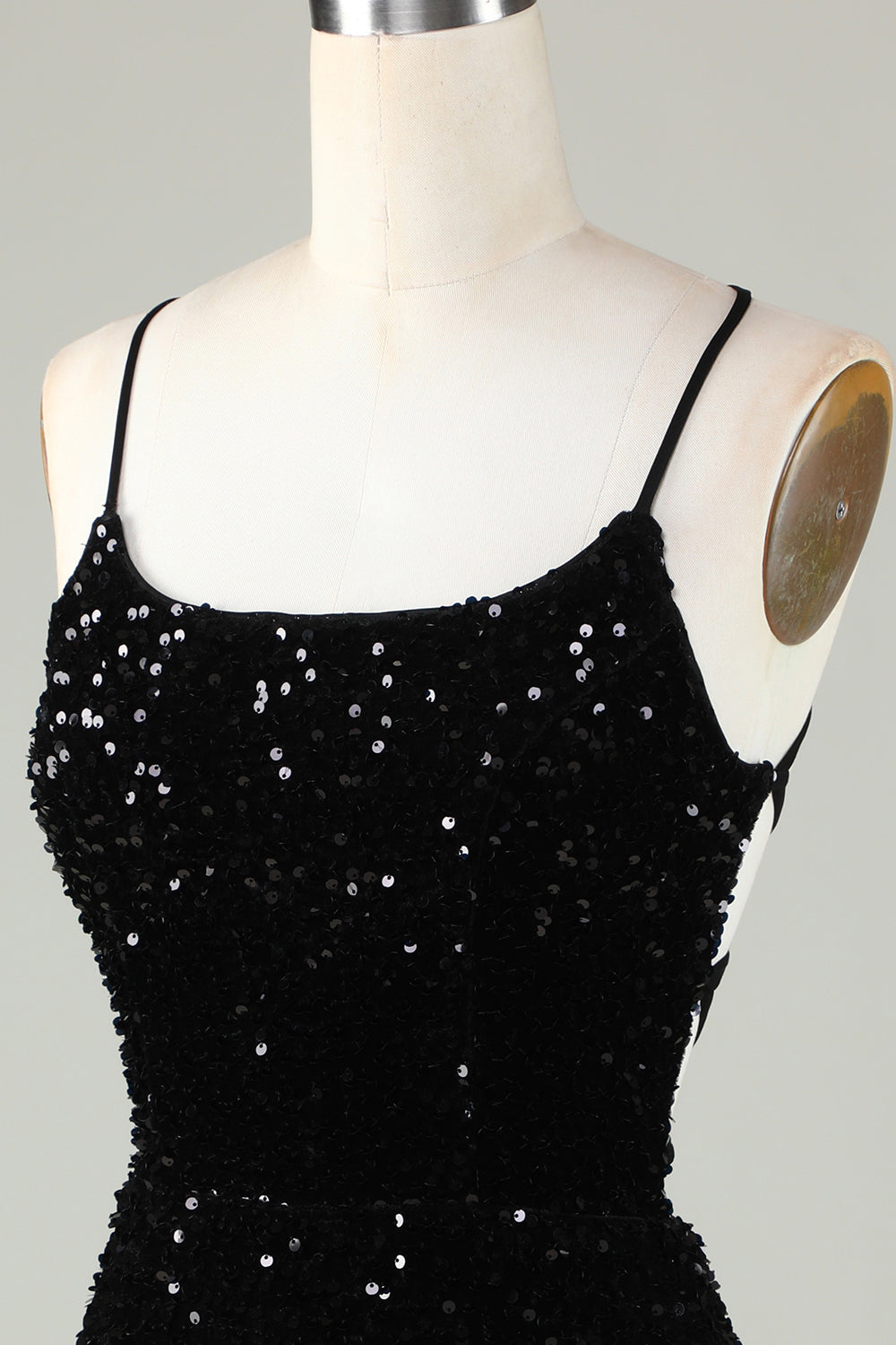 Black Spaghetti Straps Sequin Homecoming Dress With Criss Cross Back