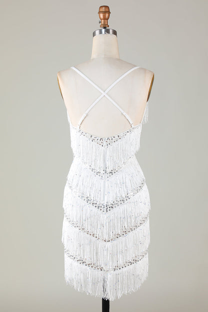White Bodycon V-Neck Cross Back Tassel Homecoming Dress