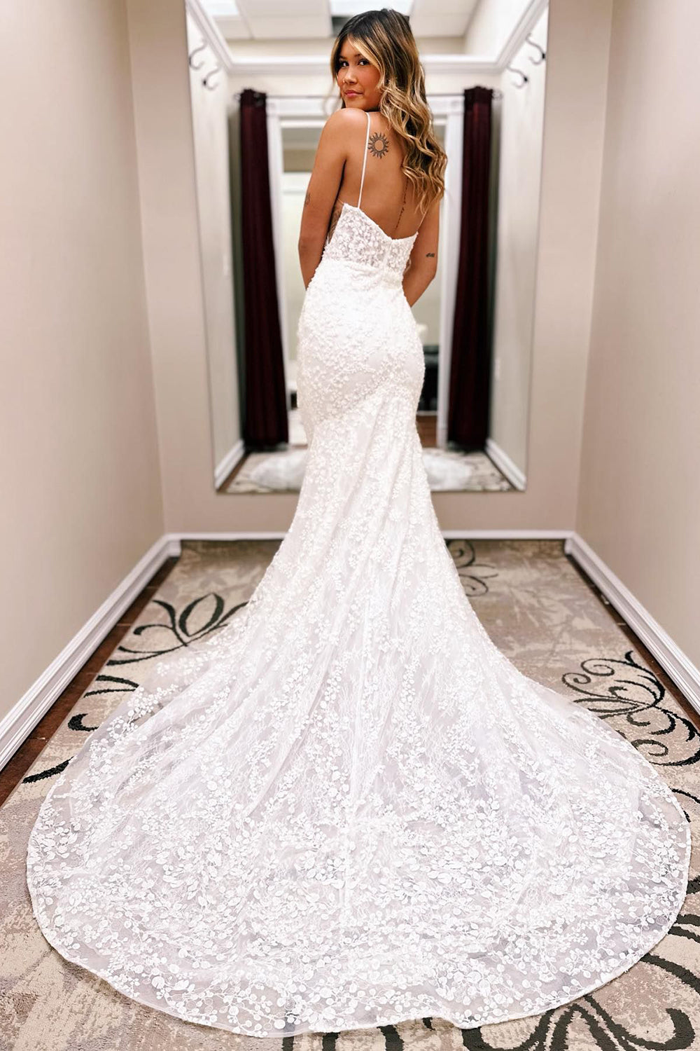 Drew | Ivory Spaghetti Straps Lace Mermaid Wedding Dress with Train