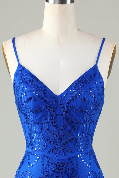 Sparkly Royal Blue Sequins Spaghetti Straps Tight Short Homecoming Dresses