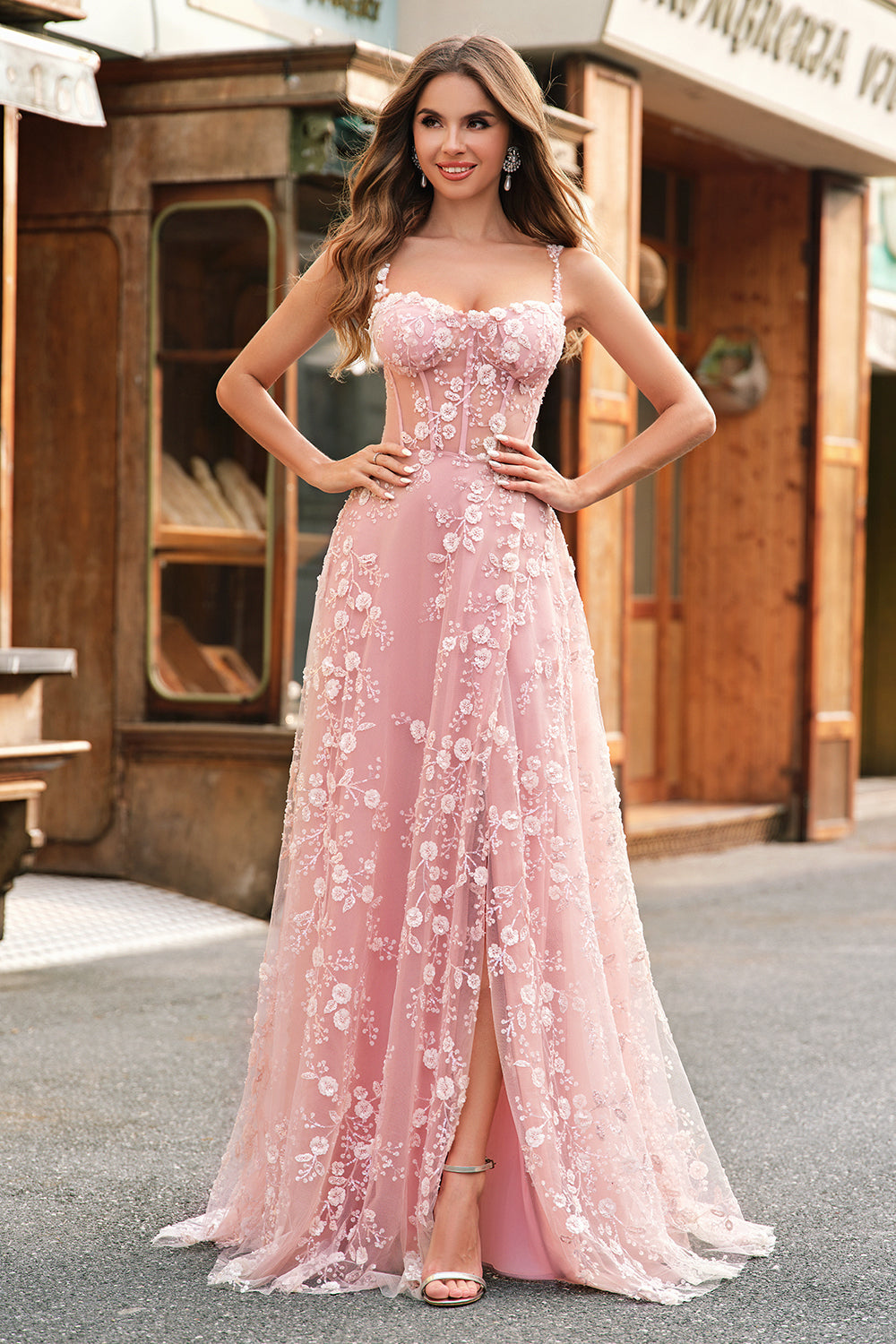 Blush A Line Spaghetti Straps Floral Corset Long Prom Dress with Slit