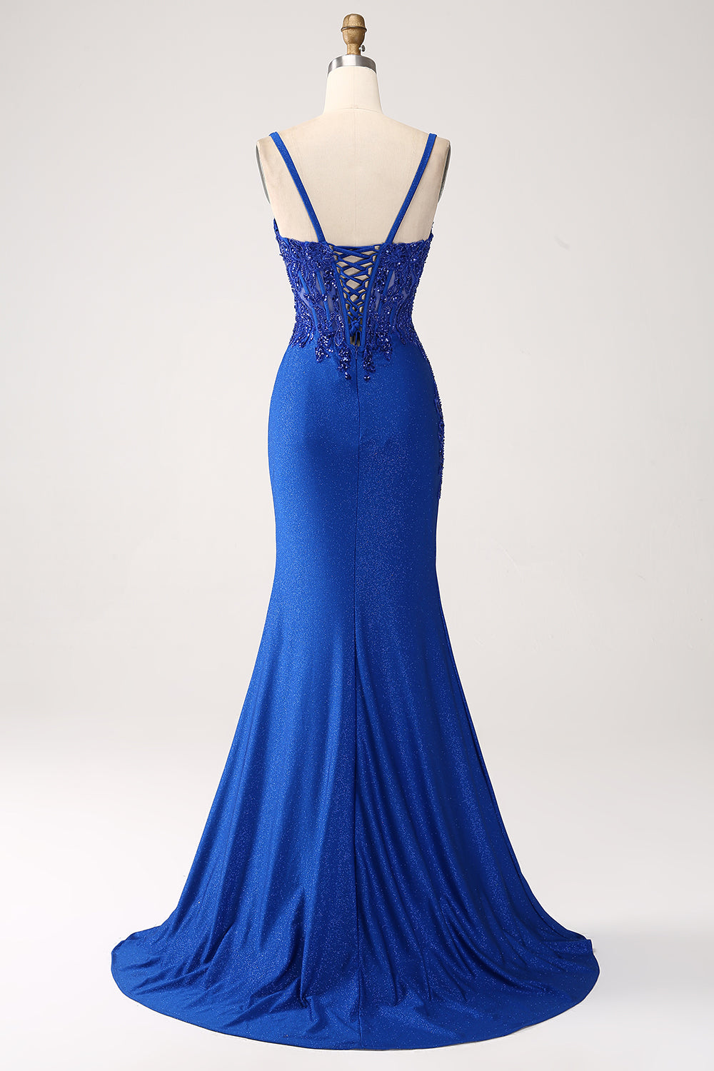 Glitter Royal Blue Mermaid Spaghetti Straps Long Prom Dress with Appliques