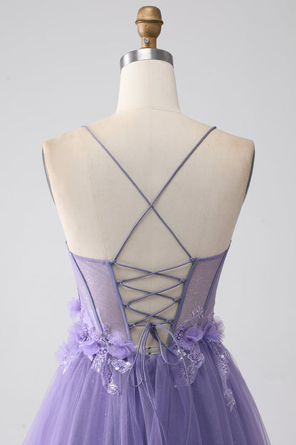 Purple A-Line Spaghetti Straps Corset Prom Dress with 3D Flowers