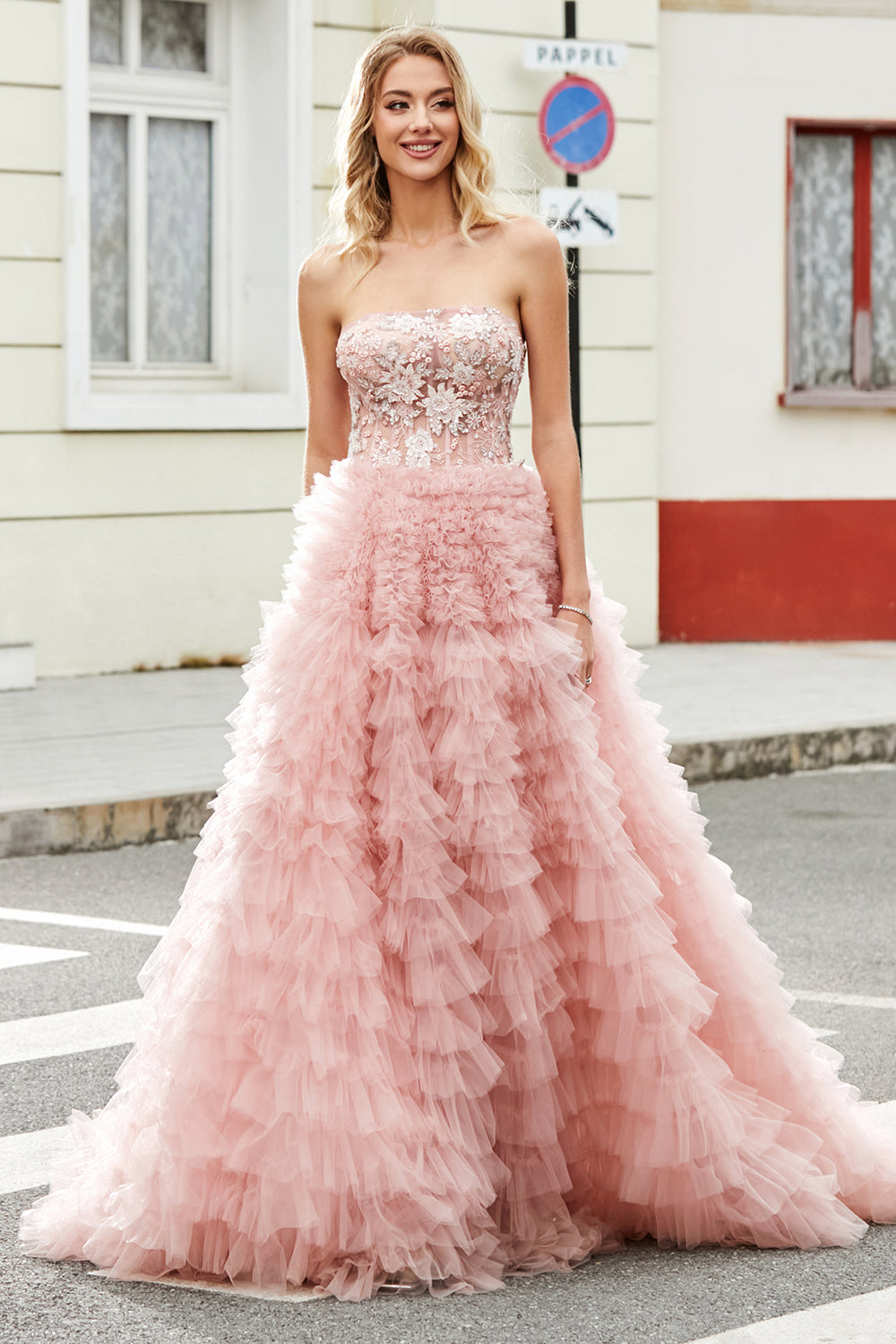 A-Line Strapless Beaded Blush Tiered Long Prom Dress