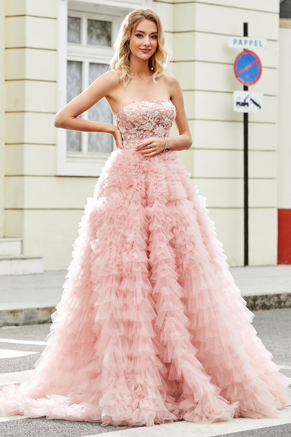 A-Line Strapless Beaded Blush Tiered Long Prom Dress