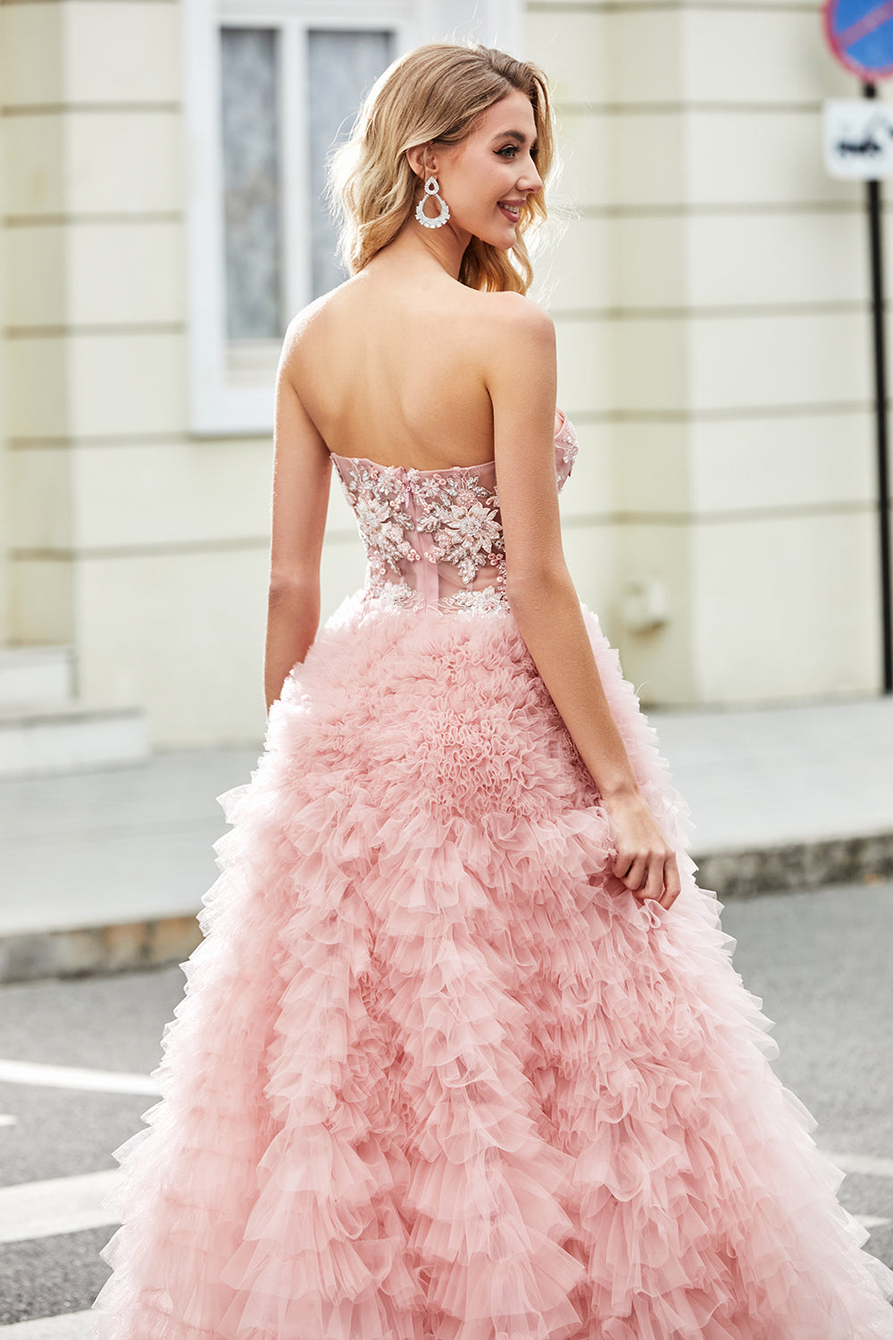 A-Line Strapless Beaded Blush Tiered Long Prom Dress