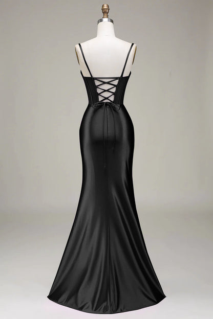 Dark Green Mermaid Spaghetti Straps Corset Prom Dress with Split Front