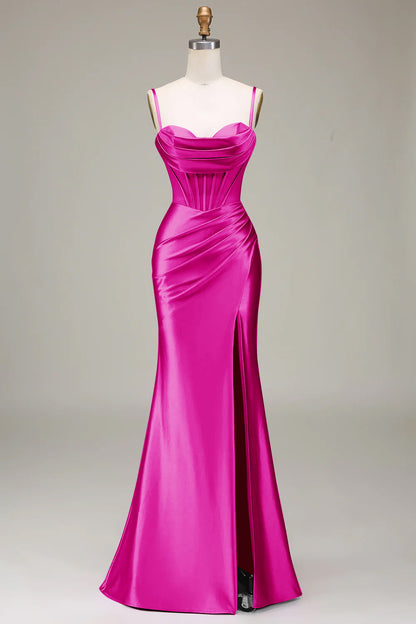 Dark Green Mermaid Spaghetti Straps Corset Prom Dress with Split Front