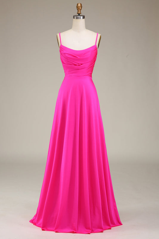 Hot Pink Spaghetti Straps A-line Prom Dress with Pleated