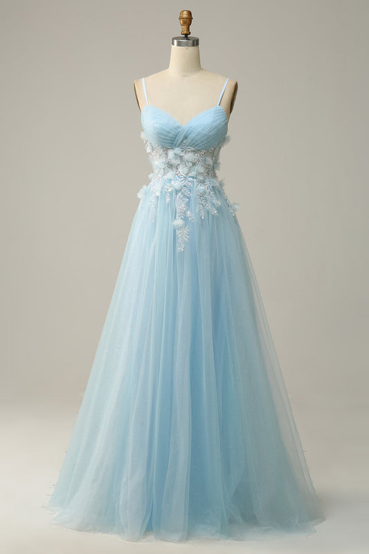 A Line Spaghetti Straps Sky Blue Prom Dress with Appliques