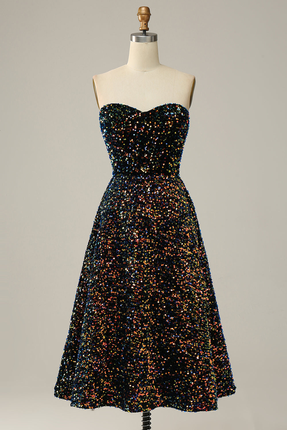 A Line Sweetheart Black Sequins Midi Prom Dress