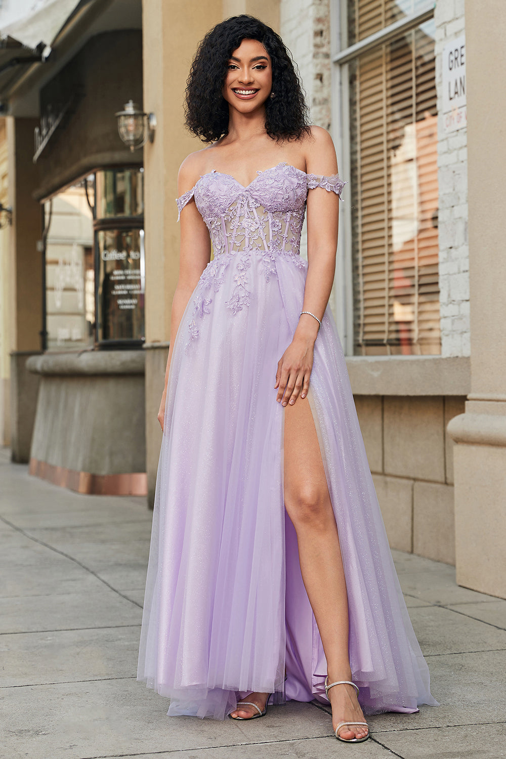 Gorgeous A Line Off the Shoulder Purple Corset Prom Dress with Appliques