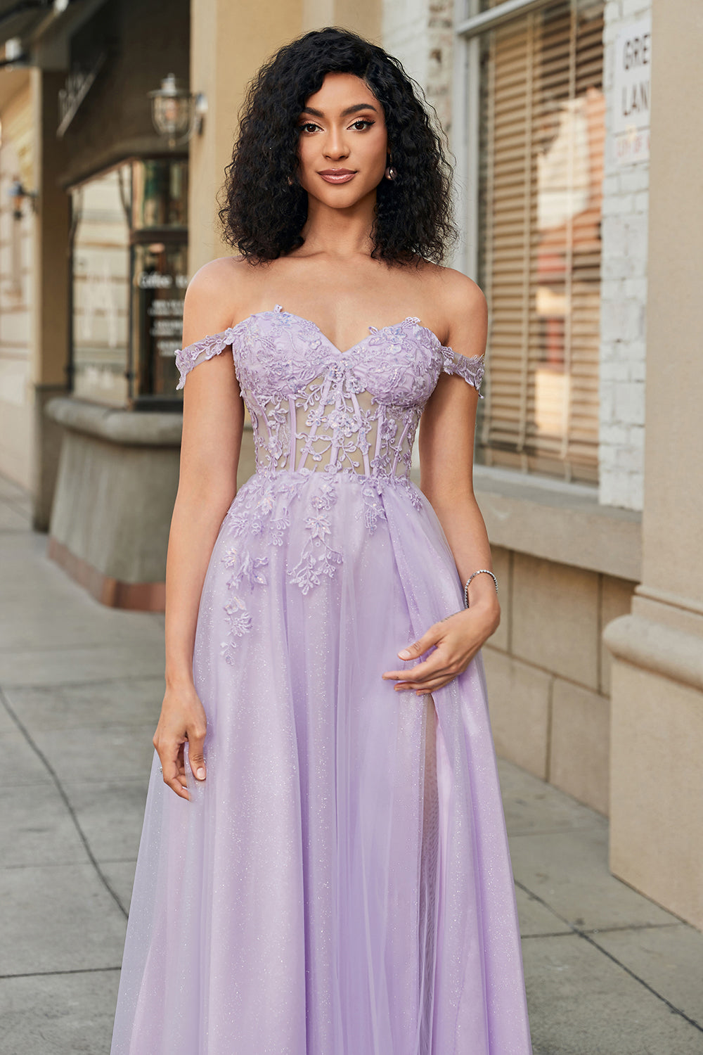 Gorgeous A Line Off the Shoulder Purple Corset Prom Dress with Appliques