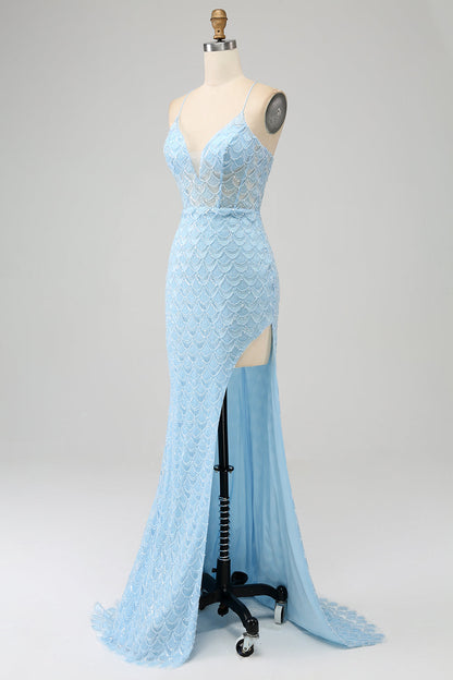 Glitter Sky Blue Spaghetti Straps Mermaid Prom Dress with Slit