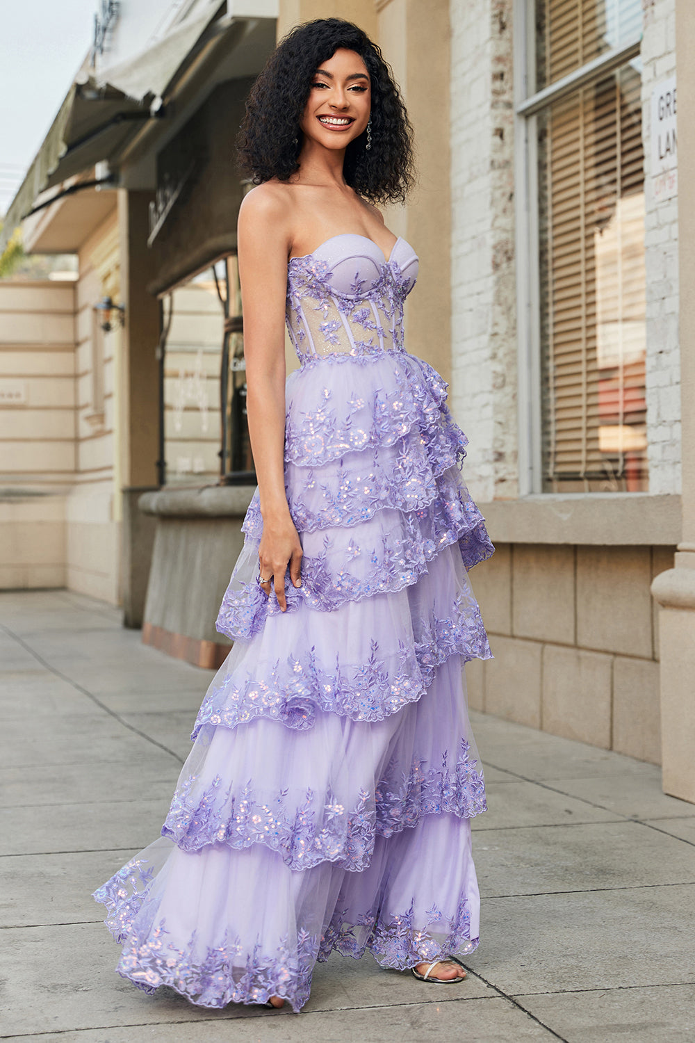 Princess A Line Sweetheart Lavender Corset Prom Dress with Tiered Lace