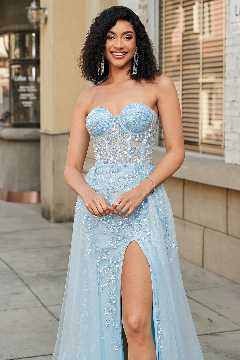 Charming A Line Sweetheart Blue Corset Prom Dress with Beading Slit