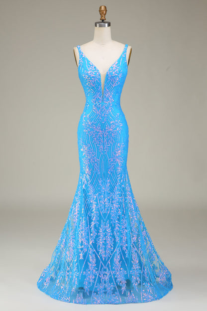 Sparkly Blue Deep V-neck Mermaid Prom Dress