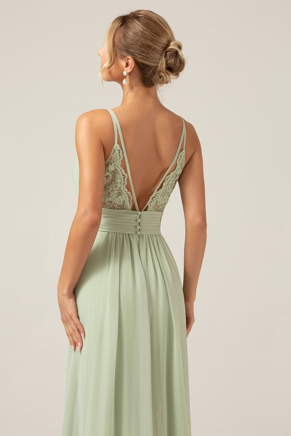 A-Line Pleated Chiffon Long Dusty Sage Bridesmaid Dress