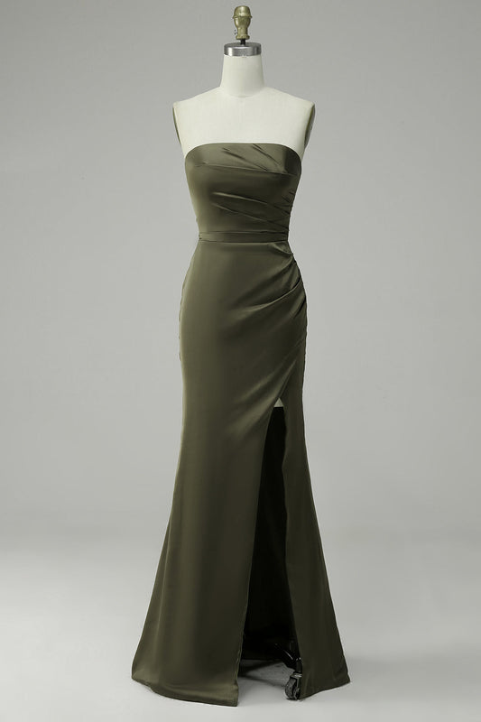 Green Strapless Satin Mermaid Prom Dress with Slit