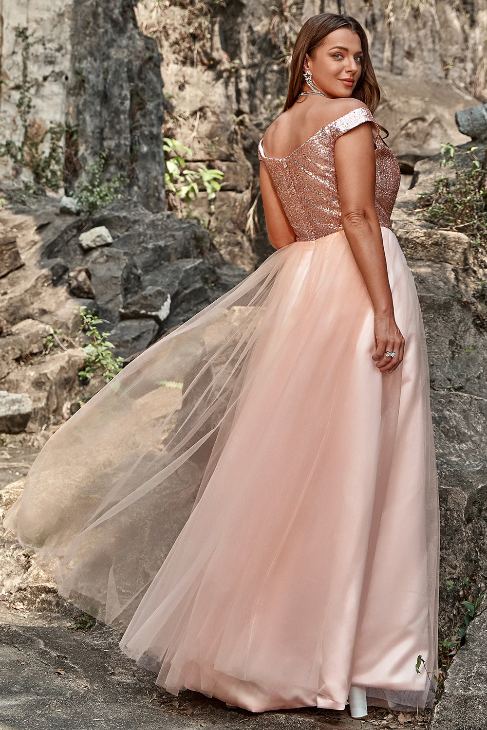 A Line Off the Shoulder Blush Plus Size Prom Dress