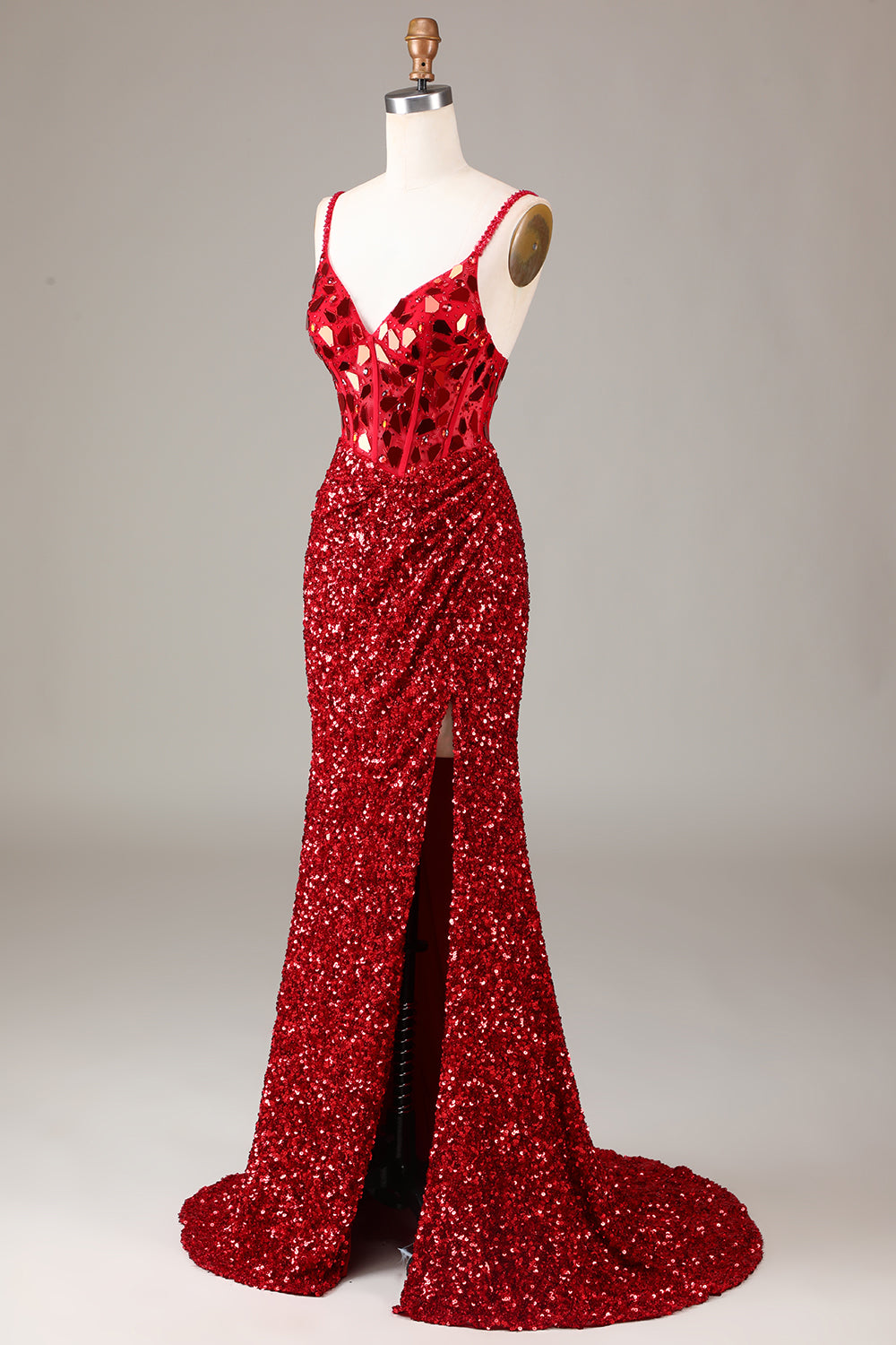 Glitter Mirror Sequins Red Corset Prom Dress with Slit