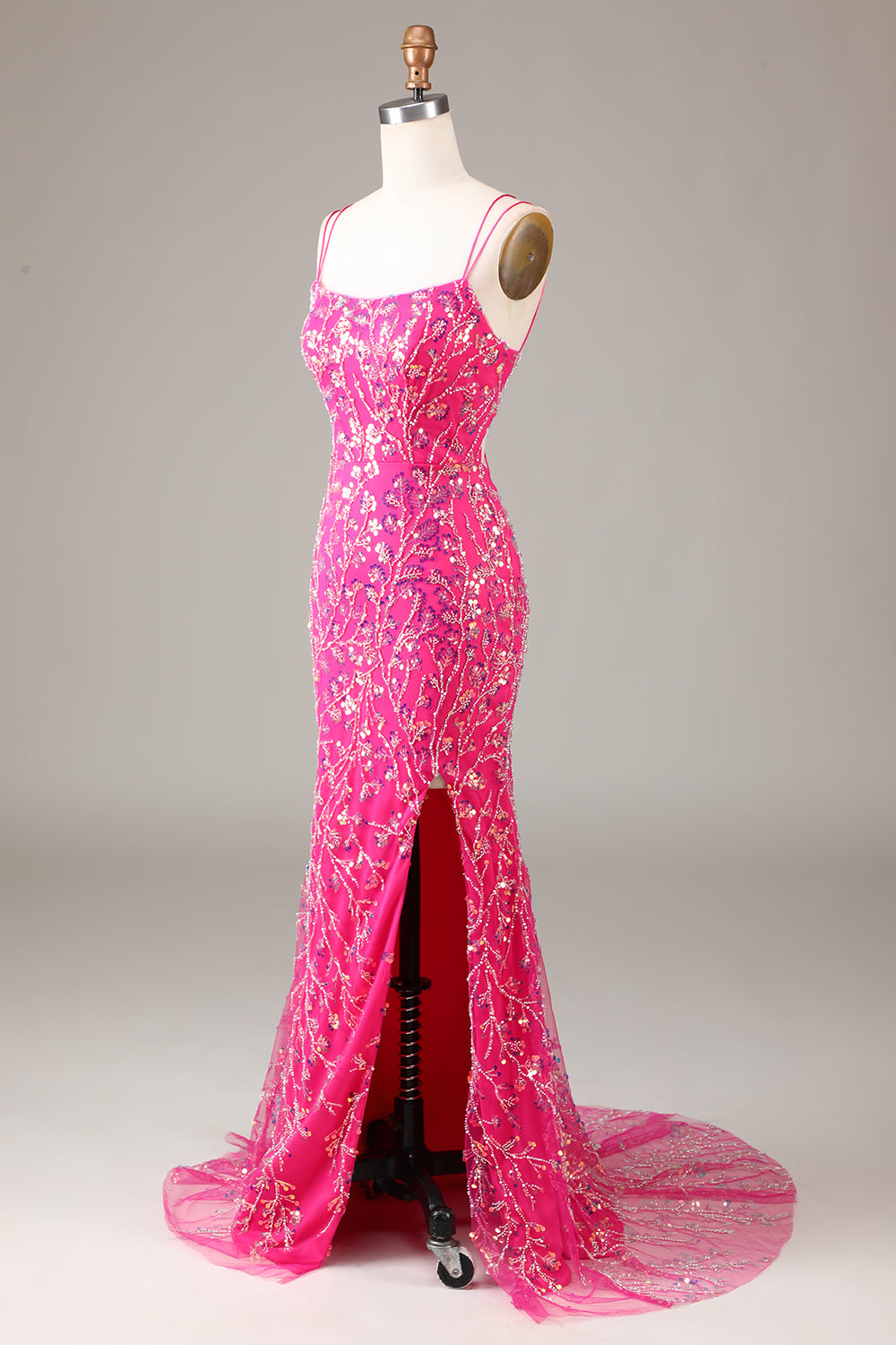 Hot Pink Sequins & Beaded Mermaid Prom Dress with Slit