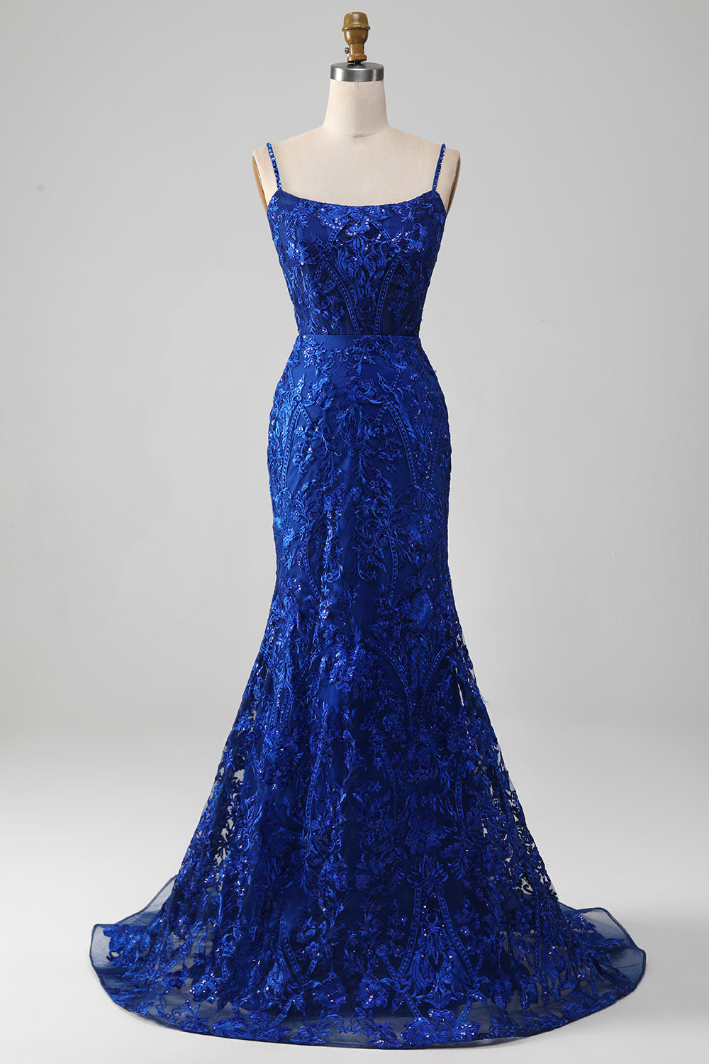 Sparkly Royal Blue Mermaid Spaghetti Straps Long Prom Dress With Appliques