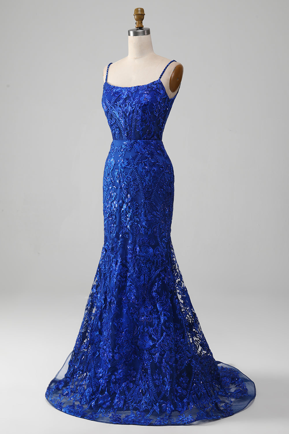 Sparkly Royal Blue Mermaid Spaghetti Straps Long Prom Dress With Appliques