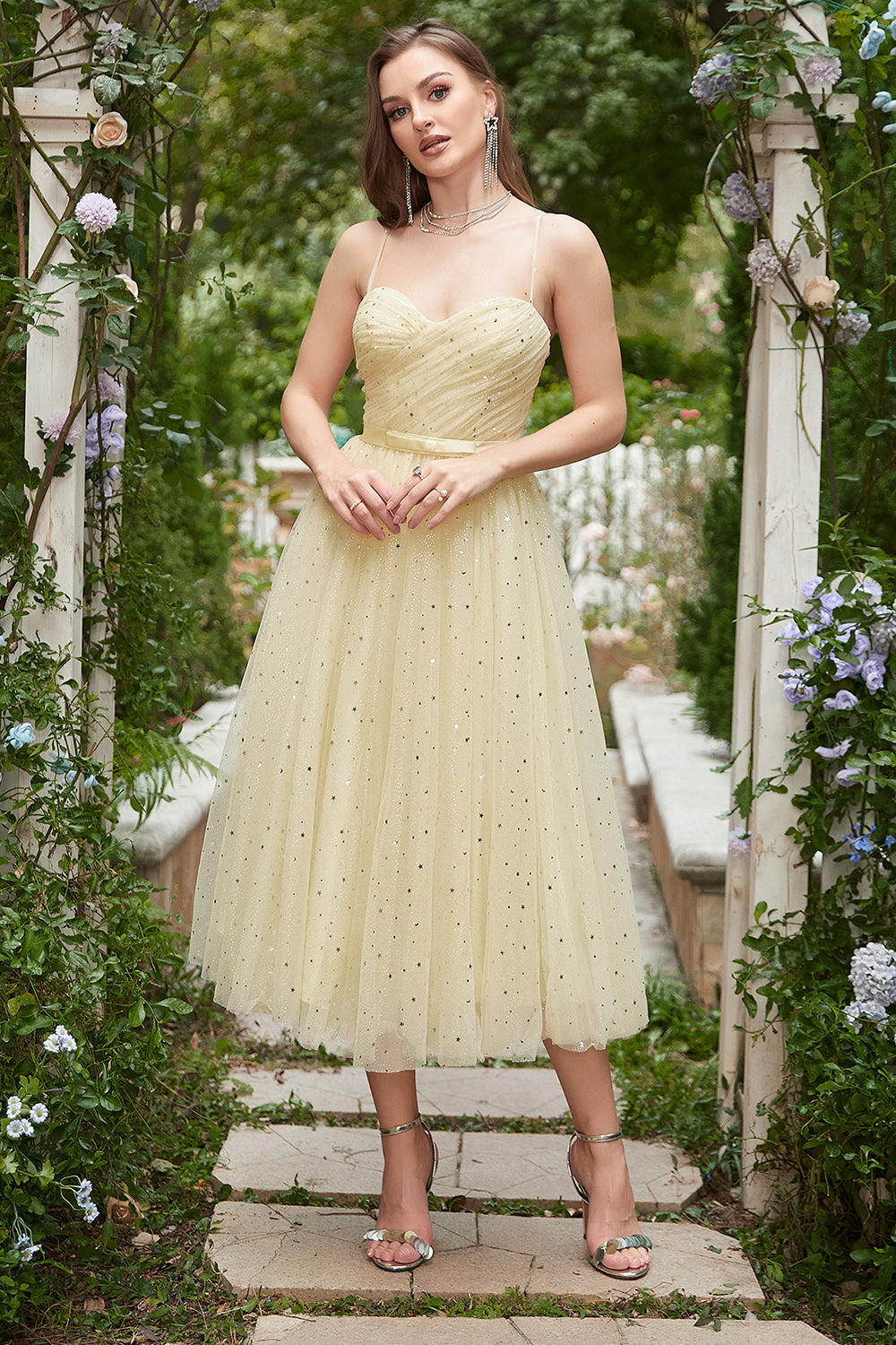 Yellow Spaghetti Straps Tea Length Prom Dress