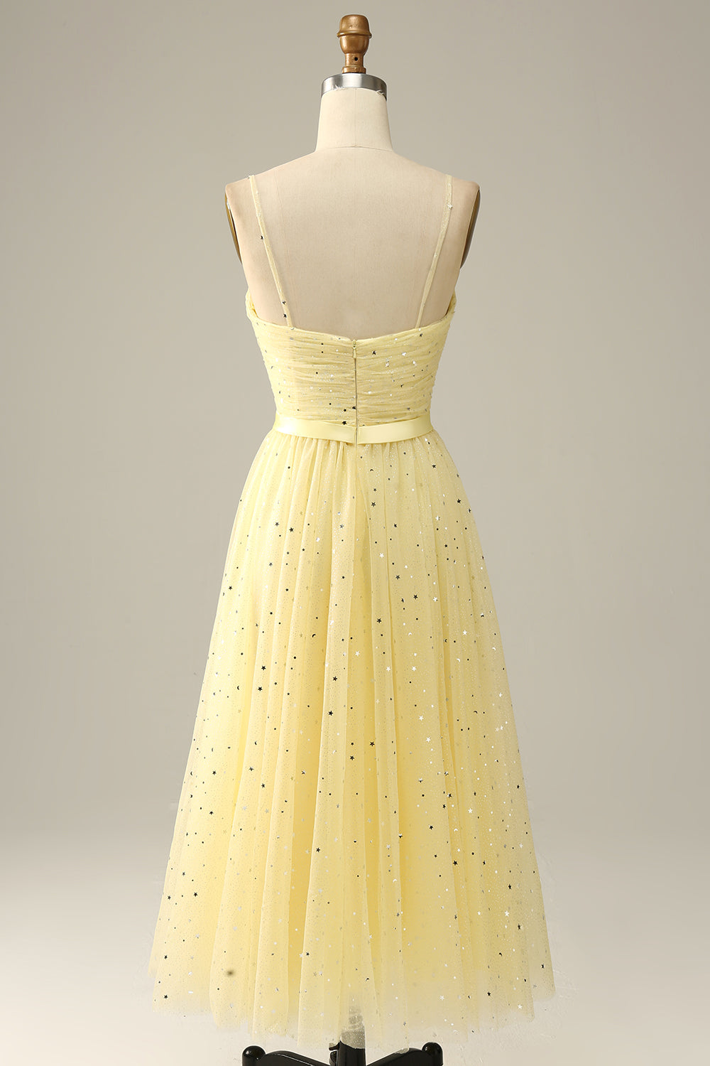 Yellow Spaghetti Straps Tea Length Prom Dress