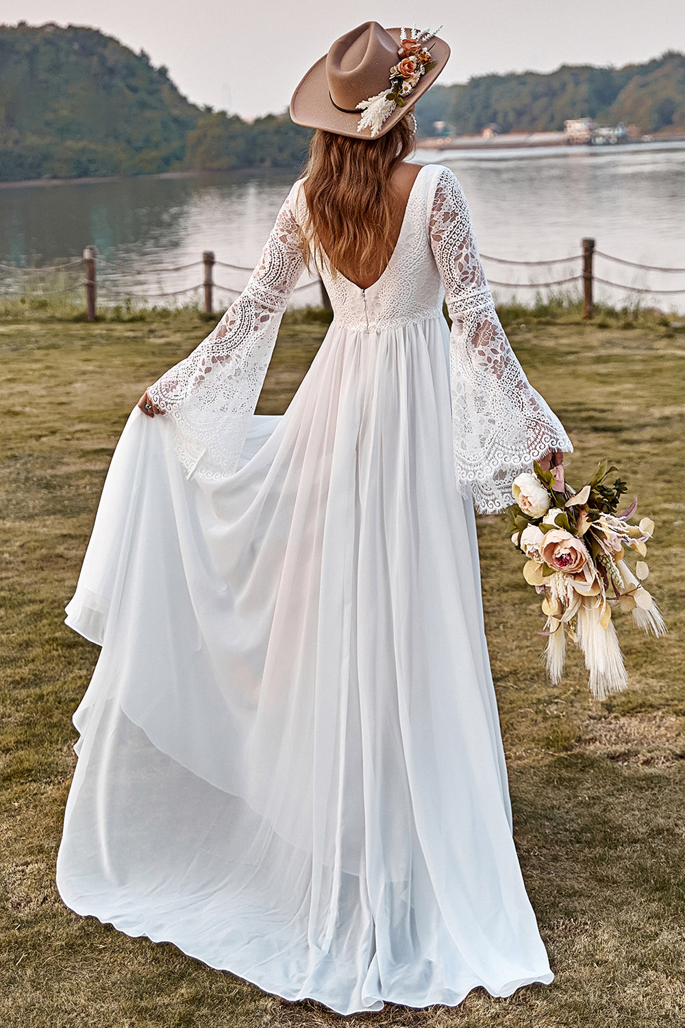 Ivory Lace Chiffon Trumpet Sleeve Boho Wedding Dress