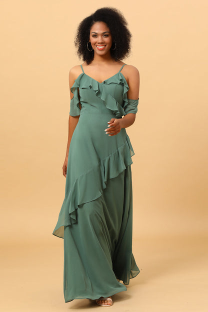 Eucalyptus Spaghetti Straps Long Bridesmaid Dress with Ruffles