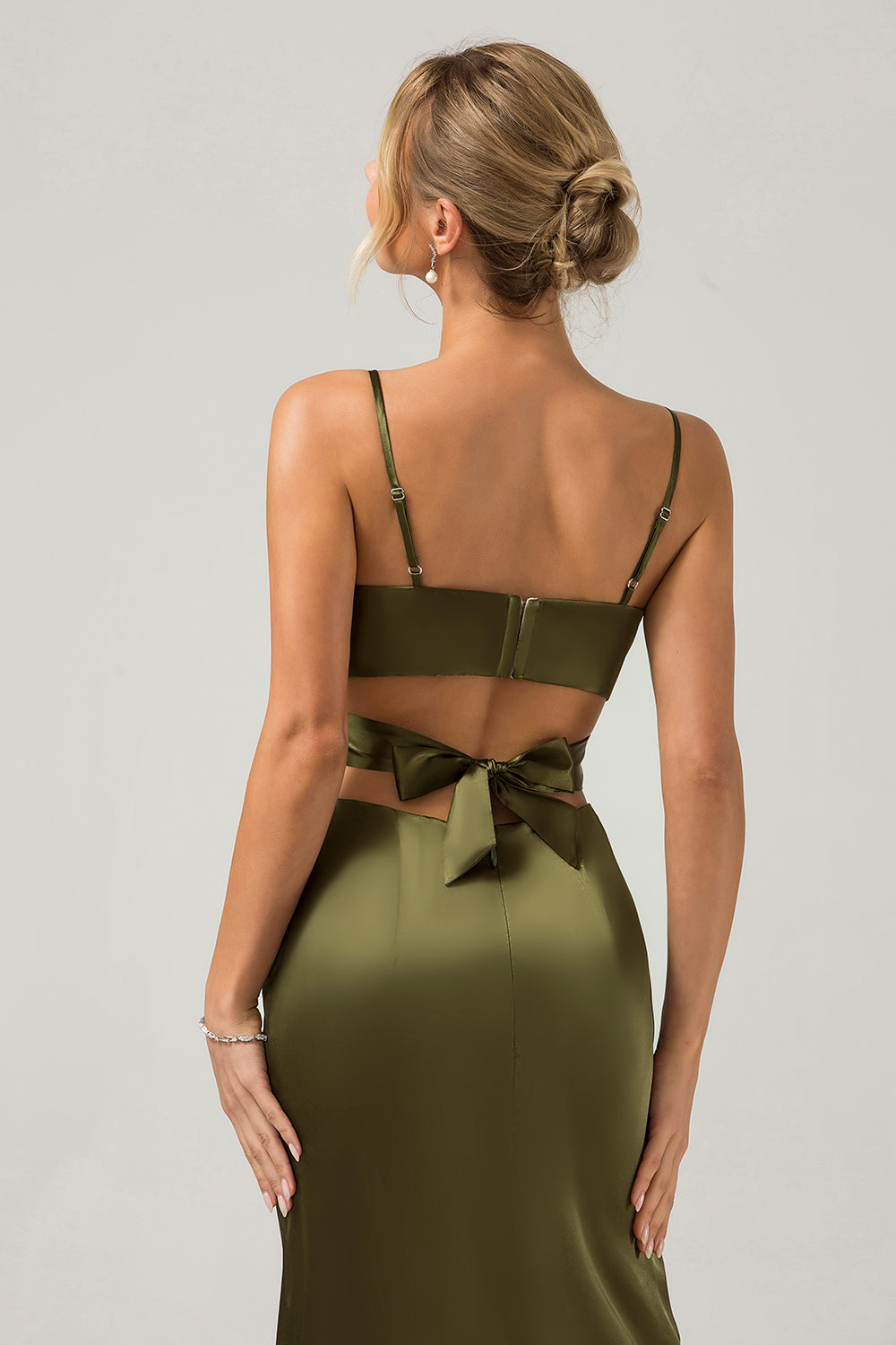 Olive Sheath Spaghetti Straps Cut Out Long Bridesmaid Dress with Slit