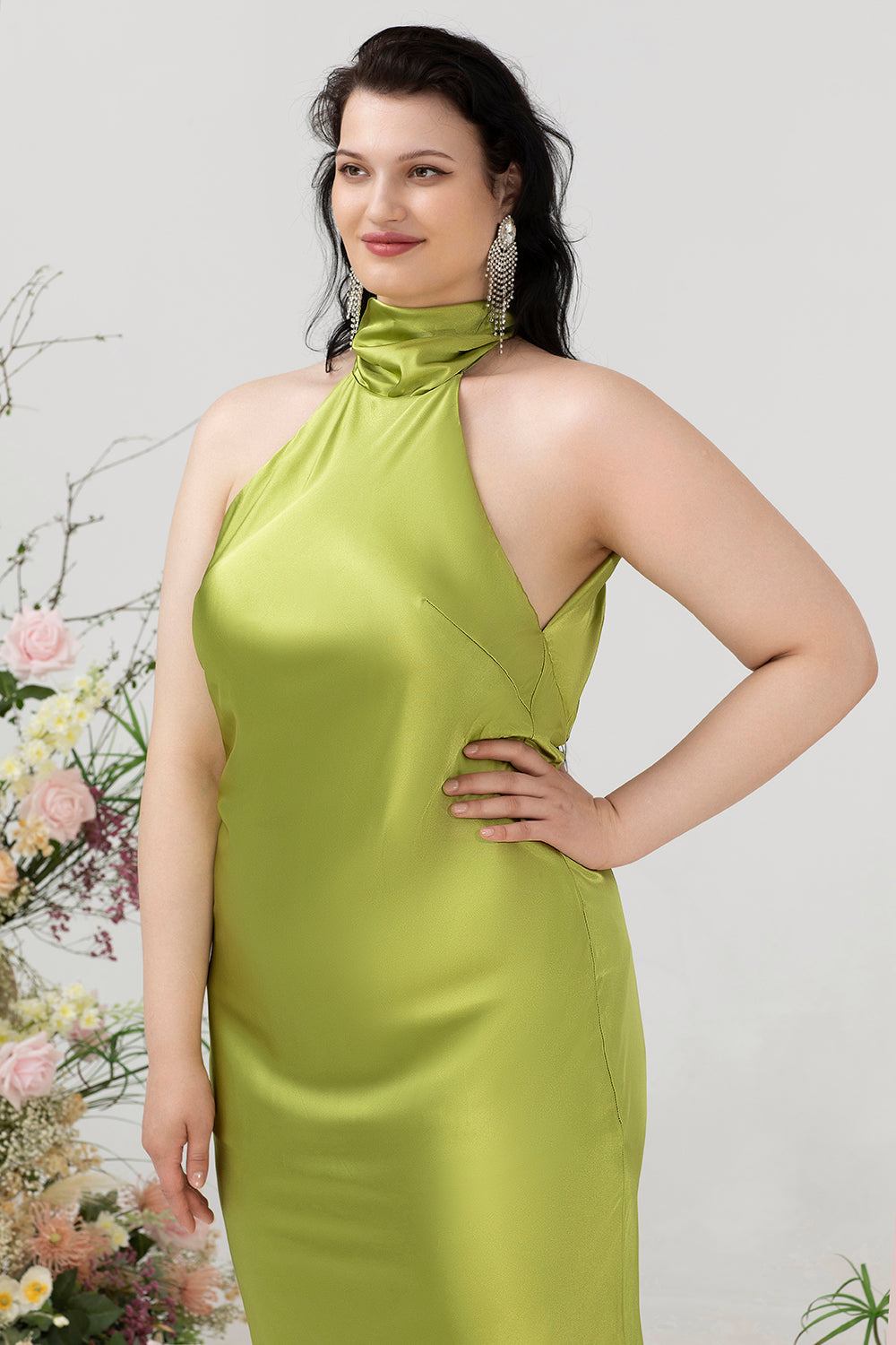 Sheath Halter Open Back Lemon Green Plus Size Wedding Guest Dress